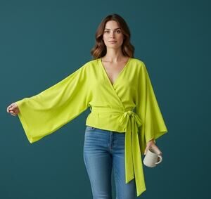 Alexis 100% silk Wrap Blouse M Neon Lime Chartreuse Kimono sleeve Tie Waist Top